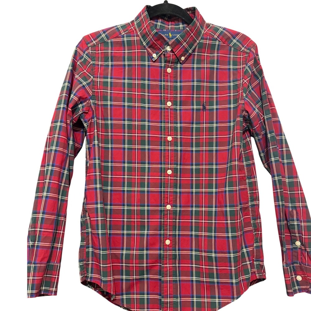 Ralph Lauren Boys Large 14-16 Red Tartan Plaid Button Down Shirt Long Sleeve